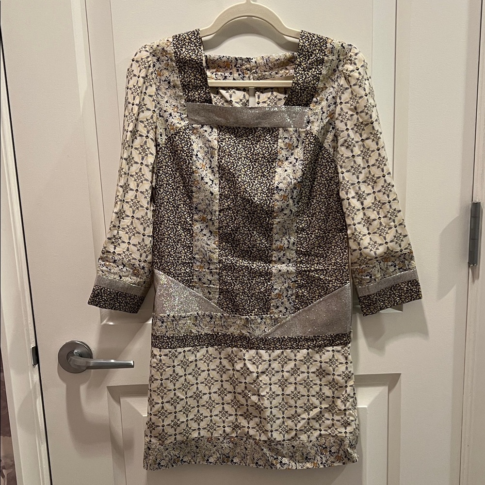 Vanessa Bruno Long Sleeve Dress in Blue, Silver and Cream